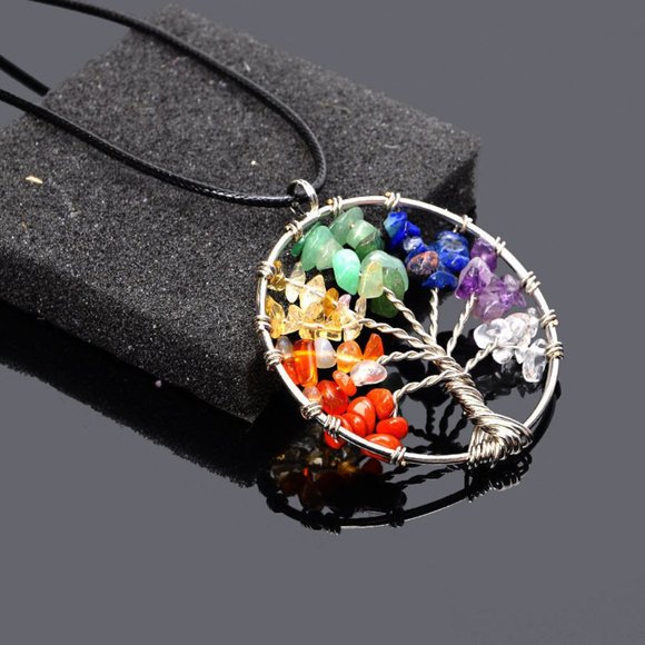 Crystal Quartz Natural Gemstone 7 Chakra Healing Tree of Life Pendant Necklace - Picture 3 of 8